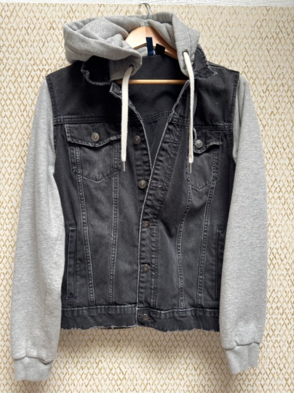 H&M Divided Hooded Washed Denim Moto Jacket Black Gray Jersey Sleeve Size S